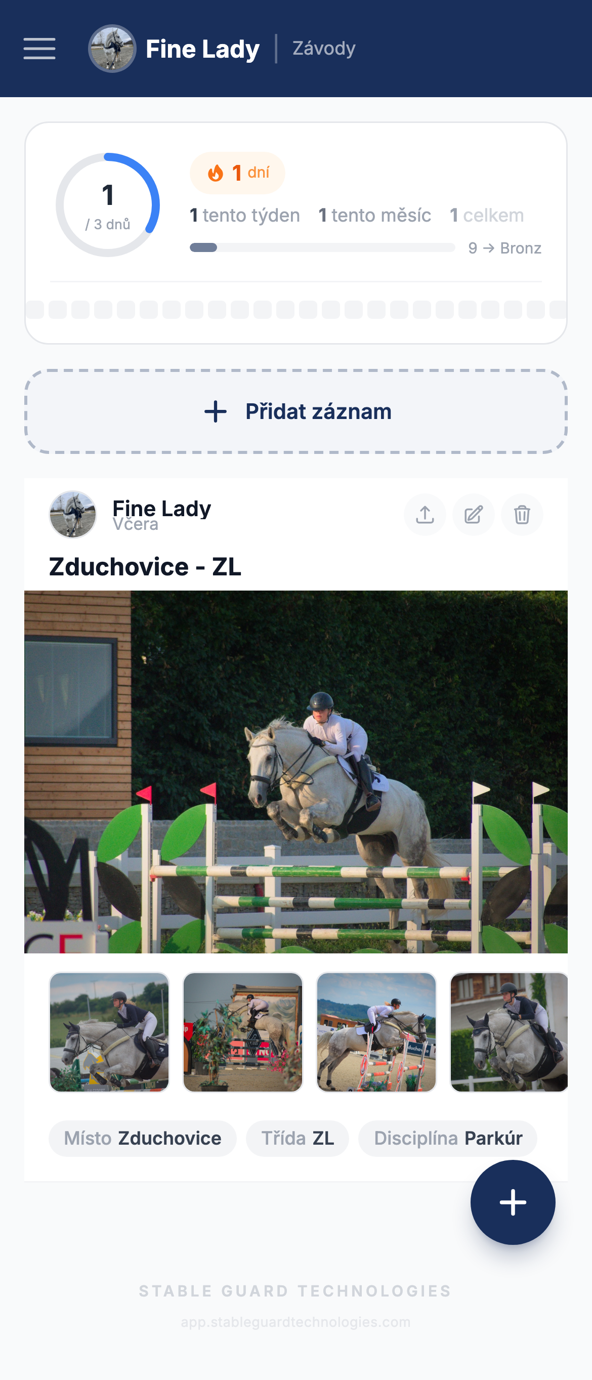 Tréninkové plány a soutěže koní v aplikaci Stable Guard Technologies. tréninky, cvičení, výsledky